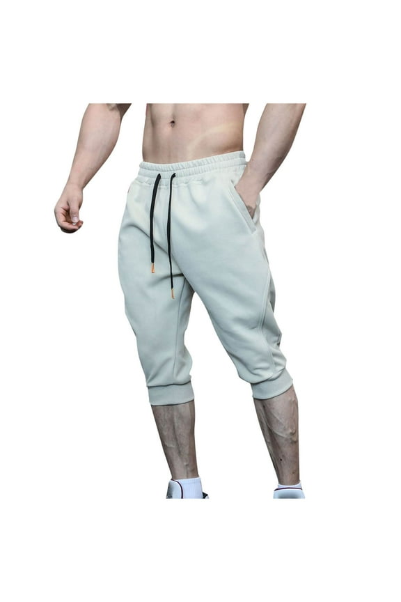 Men's 3/4 Joggers Capri Pants with Zipper Pockets Slim Fit Training Running Workout Capri Joggers Beige,XXL