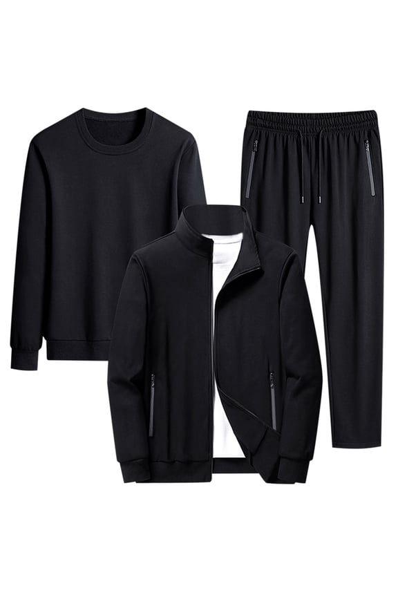 Men's 3 Piece Tracksuit Set Athletic Sports Sets Big And Tall Casual Full Zip Sweatsuits Long Sleeeve Sweatshirts And Elastic Waist Sweatpants Black,XXXXXL