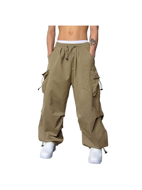 Men's Baggy Cargo Pants Drawstring Casual Parachute Pants Loose Fit Hip Hop Harem Pants With Pockets Elastic Waistband Solid Athletic Long Pant Workout Bottoms Khaki,M