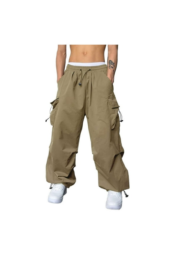 Men's Baggy Cargo Pants Drawstring Casual Parachute Pants Loose Fit Hip Hop Harem Pants With Pockets Elastic Waistband Solid Athletic Long Pant Workout Bottoms Khaki,S