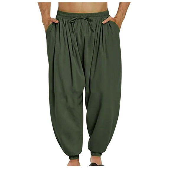 BXINGOHAI Men's Baggy Pants Resistant Drawstring Casual Pants Loose Fit Harem Pants With Pockets Elastic Waistband Solid Athletic Pant Workout Bottoms Army Green,XL