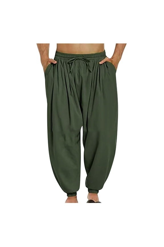 Men's Baggy Pants Resistant Drawstring Casual Pants Loose Fit Harem Pants With Pockets Elastic Waistband Solid Athletic Pant Workout Bottoms Army Green,XL