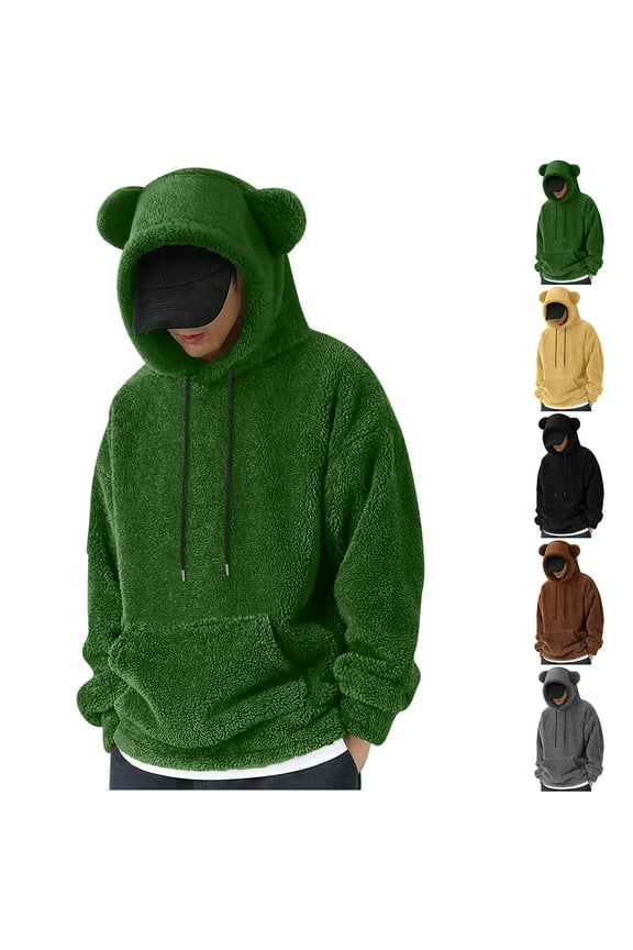 Men's Bear Ear Hoodies Drawstring Long Sleeve Fleece Sweatshirt Fuzzy Pullover Tops Black,M