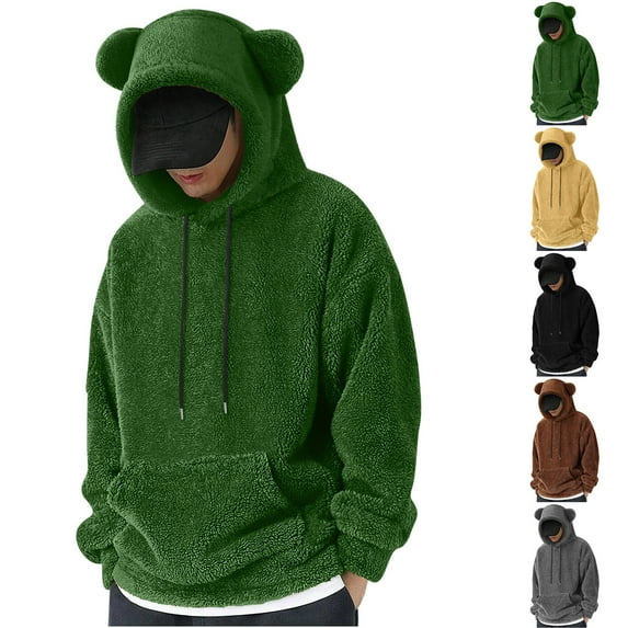BXINGOHAI Men's Bear Ear Hoodies Drawstring Long Sleeve Fleece Sweatshirt Fuzzy Pullover Tops Gray,S