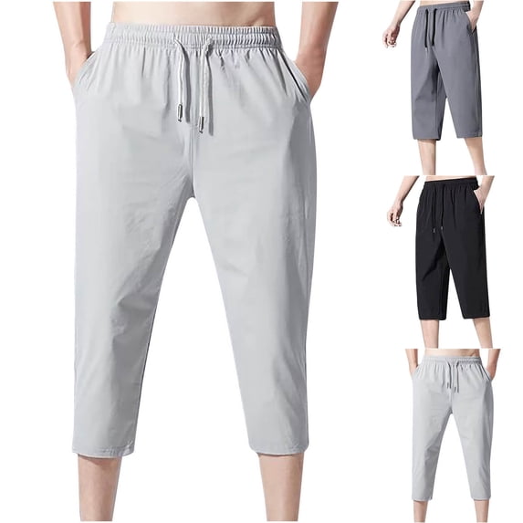 BXINGOHAI Men's Capri Pants Casual Lightweight Pants Drawstring Elastic Waist Beach Yoga Pants with Pockets Dark Gray 2XL
