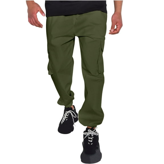 BXINGOHAI Men's Cargo Pants Drawstring Casual Wrinkle-Resistant Harem Pants with Pockets Elastic Waistband Solid Athletic Long Pants Workout Bottoms Army Green,L