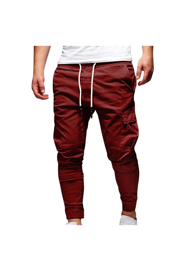 Men's Cargo Pants Resistant Work Pants Elastic Waistband Workout Pants Drawstring Long Pants Athletic Running Jogging Pant With 6 Pockets Red,XXL