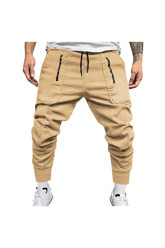 Men's Cargo Pants Zip Pocket Work Pants Casual Drawstring Workout Pants Elastic Waist Hiking Pants Outdoor Jogger Sport Long Pant Khaki,XXL