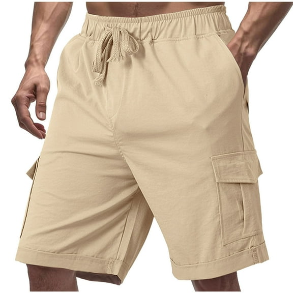 BXINGOHAI Men's Cargo Shorts with Elastic Waistband - Work Shorts with Pockets no Lined Stretch Outdoor Hiking Shorts Khaki,M