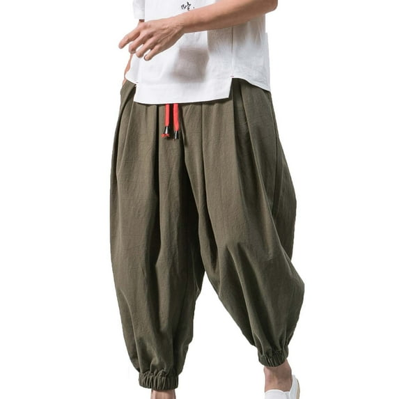 BXINGOHAI Men's Casual Ankle Length Pants Cotton Linen Breathable Harem Pants Elastic Waistband Pants 2024 Outdoor Daily Workout Pants With Drawstring Sale Army Green,L