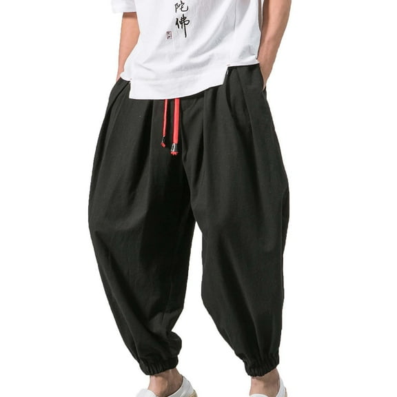 BXINGOHAI Men's Casual Ankle Length Pants Cotton Linen Breathable Harem Pants Elastic Waistband Pants 2024 Outdoor Daily Workout Pants With Drawstring Today Sales Black,XXXL