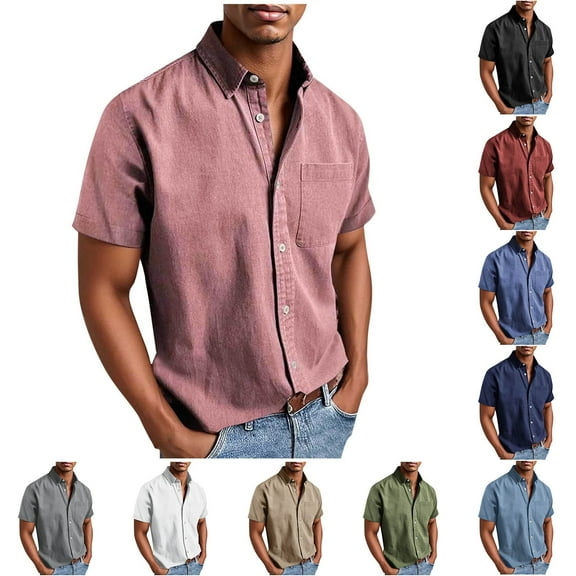 BXINGOHAI Men's Casual Button Down Shirts Short Sleeve Banded Collar Dress Shirts Solid Summer Beach Tops Army Green,XL