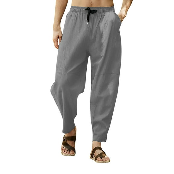 BXINGOHAI Men's Casual Cropped Pants Solid Cotton Linen Work Pants Drawstring Elastic Waist Pants Athletic Jogging Pants With Pockets
