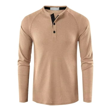 BXINGOHAI Men's Casual Henly Shirts Waffle Long Sleeve Crewneck T-Shirts Solid Buttons Slim Fit Shirt Base Layer Tops 2025 Outdoor Clothes Fall Savings Khaki,XL