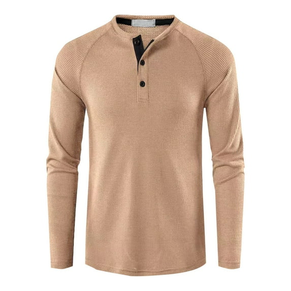 BXINGOHAI Men's Casual Henly Shirts Waffle Long Sleeve Crewneck T-Shirts Solid Buttons Slim Fit Shirt Base Layer Tops 2025 Outdoor Clothes Khaki,XL