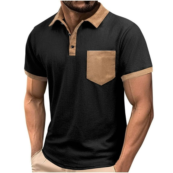 BXINGOHAI Men's Casual Shirts Classic Button Basic Short Sleeve Shirt Solid Color Cotton Tees Golf Stylish Tops Black,L