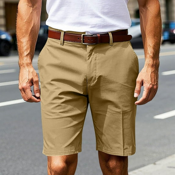 BXINGOHAI Men's Casual Shorts Slim Fit Resistant Shorts Solid With Pocket Button Zipper Shorts 2025 Workout Elastic Waistband Shorts Khaki,M