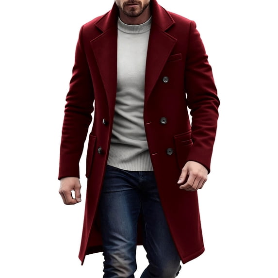 BXINGOHAI Men's Casual Trench Coat Slim Fit Notched Collar Long Jacket Overcoat Single Breasted Pea Coat wih Pockets Wine 2XL