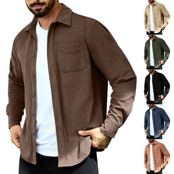 BXINGOHAI Men's Corduroy Button Down Shirts Casual Long Sleeve Shacket Jacket with Pockets Brown 3XL