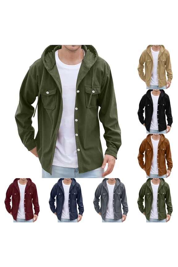 Men's Corduroy Jacket Quilted Padded Hoodies Spring Warm Cotton Coat Casual Button Down Jacket with Pockets Gray,S