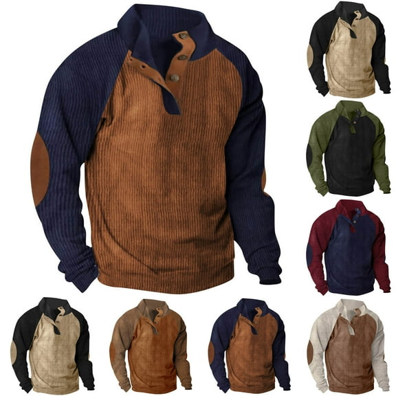BXINGOHAI Men's Corduroy Sweatshirt Casual Long Sleeve Stand Collar Button Pullover Sweatshirts Brown S