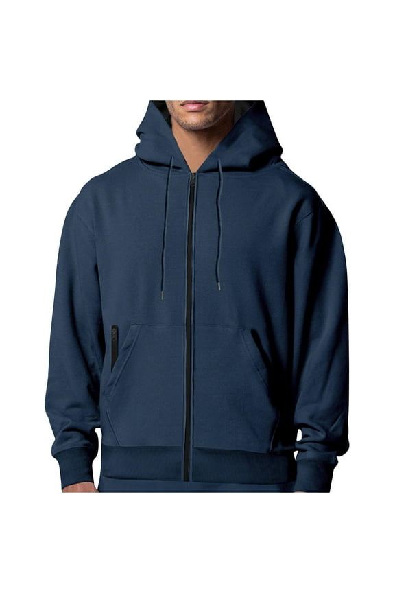 Men's Cotton Hoodies Sweatshirt Full Zip Up Pullover Sweatshirts Zip Pockets Hooded Casual Drawstring Shirts Outdoor Running Sports Tops Navy,XL