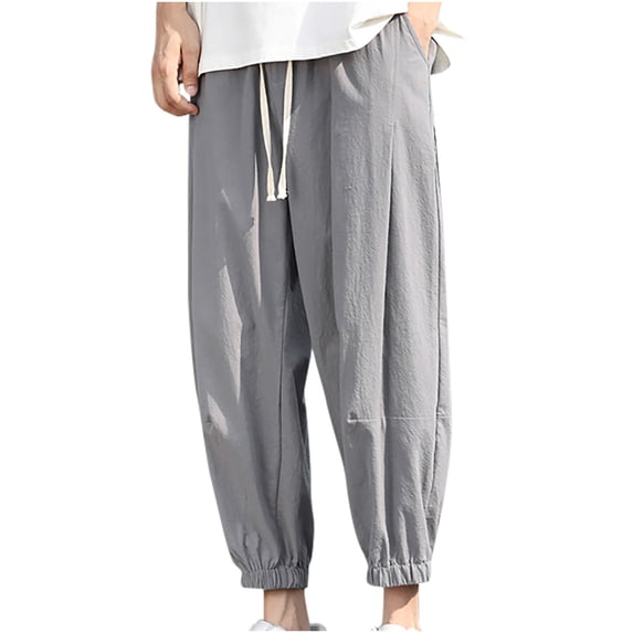 BXINGOHAI Men's Cotton Linen Pants Drawstring Breathable Jogging Pants Elastic Waistband Solid Pants Outdoor Running Workout Pants With Pocket Today Sales Gray,L
