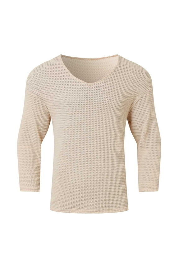 Men's Cotton V Neck Sweaters Knitted Jumper Sweater Long Sleeve Pullover Top Loose Knit Sweater Khaki,L