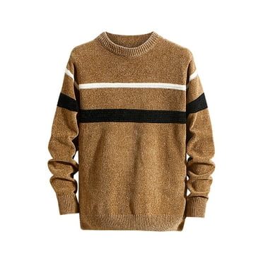 BXINGOHAI Men's Crewneck Sweater Color Block Striped Pullover Soft Thermal Knitted Sweaters Long Sleeve Casual Pullover tops Today Deals Khaki,M