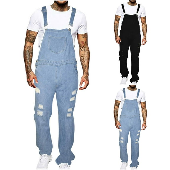 BXINGOHAI Men's Denim Bib Overall Ripped Distressed Jean Fashion Casual Adjustable Strap Loose Fit Hippie Jumpsuit Light Blue L