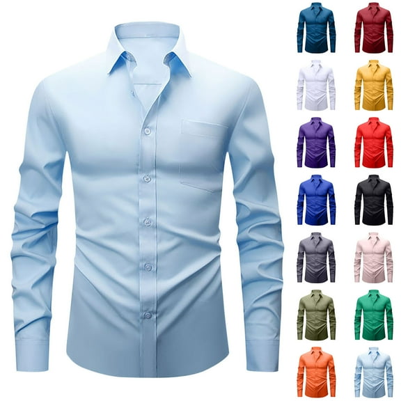 BXINGOHAI Men's Dress Shirt Regular Fit Stretch Stain Shield Long Sleeve Solid Business Wedding Button Down Shirts Gray S