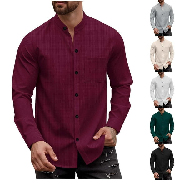 BXINGOHAI Men's Dress Shirts Long Sleeve Casual Button Down Shirt Solid Wrinkle Free Formal Business Shirts Wine S
