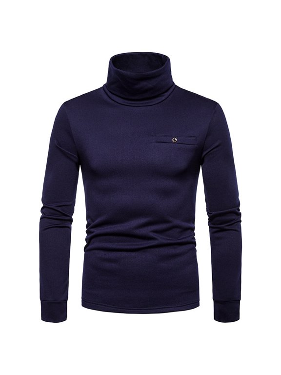 Men's Fall Winter Solid T-Shirts Casual High Neck Long Sleeve Shirts Thin Fleece Basic Shirt Slim Fit Tops Athletic Jogging Sport Clothes Today Sales Navy,XL