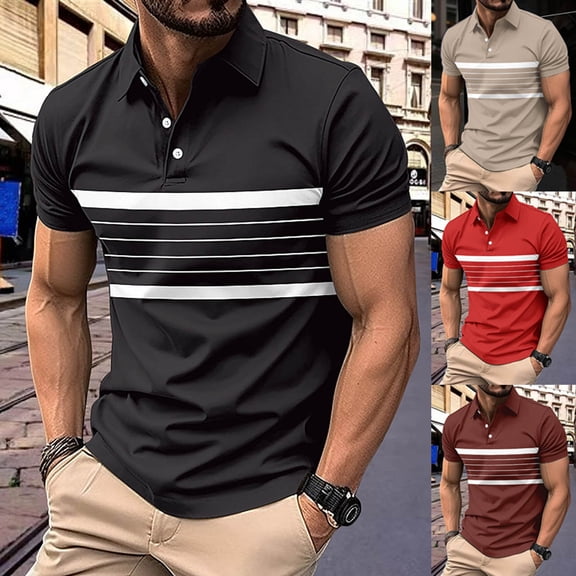 BXINGOHAI Men's Fashion Color Block Shirts Casual Short Sleeve T Shirt Striped Moisture Wicking Golf Shirts Tops Khaki,L