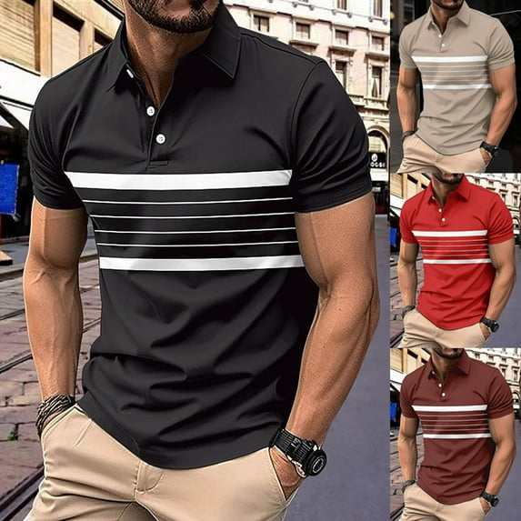 BXINGOHAI Men's Fashion Color Block Shirts Casual Short Sleeve T Shirt Striped Moisture Wicking Golf Shirts Tops Today Black,L