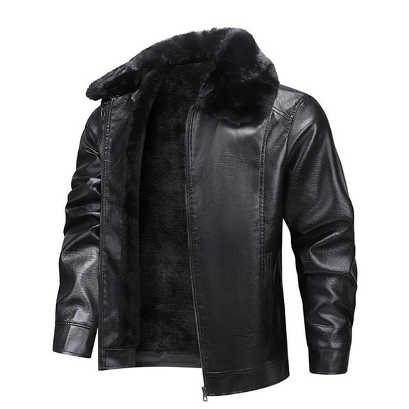 BXINGOHAI Men's Faux Leather Jacket Warm Black Fleece Lined Motorcycle Bomber Jacket with Hood Black 4XL