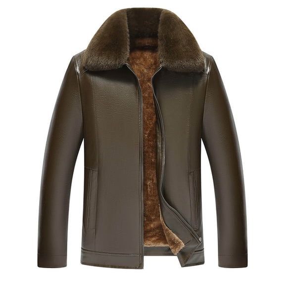 BXINGOHAI Men's Faux Leather Jacket Warm Black Fleece Lined Motorcycle Bomber Jacket with Hood Brown S