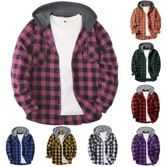 BXINGOHAI Men's Flannel Hoodie Shirts Casual Button Down Plaid Shirt Jackets for Men Long Sleeve Stylish Hooded with Pocket Today Sales Wine,L