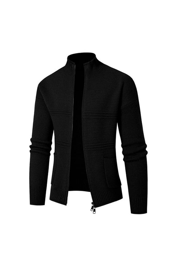 Men's Fleece Full Zip Sweater Stand Collar Jackets Soft Warm Windproof Casual Coats with Pockets Today Black,XXL