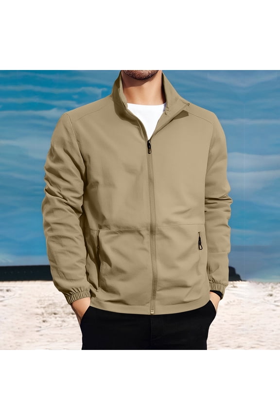 Men's Fleece Full Zip Up Sweatshirt Casual Lightweight Long Sleeve Mock Neck Jackets with Pocket Khaki 3XL
