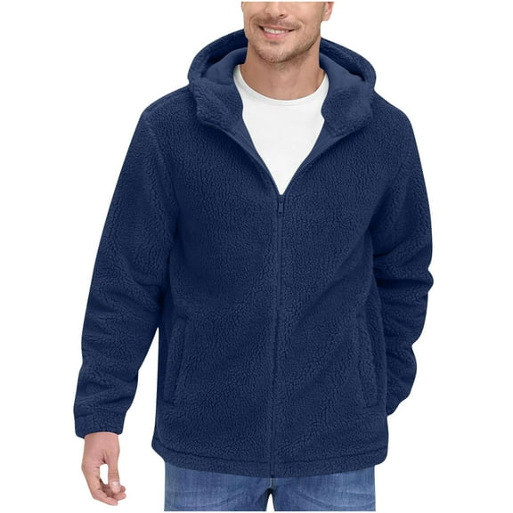 BXINGOHAI Men's Fuzzy Sherpa Athletic Hoodie Heavyweight Fleece Jacket Zip Up Hooded Sweatshirt Sports Coat Navy 2XL