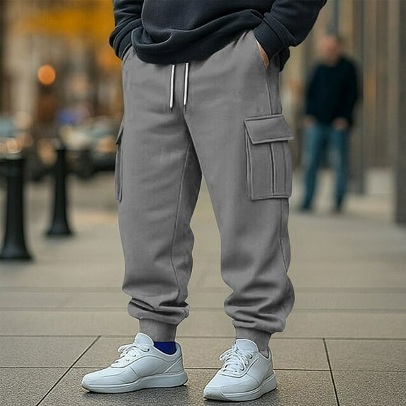 BXINGOHAI Men's Heavyweight Fleece Cargo Pants Gray L