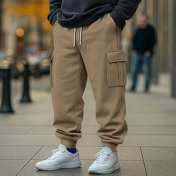 BXINGOHAI Men's Heavyweight Fleece Cargo Pants Khaki M