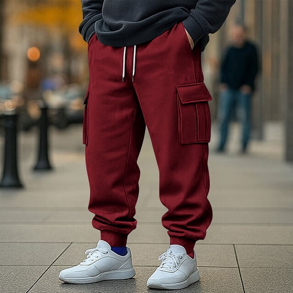 BXINGOHAI Men's Heavyweight Fleece Cargo Pants Wine M