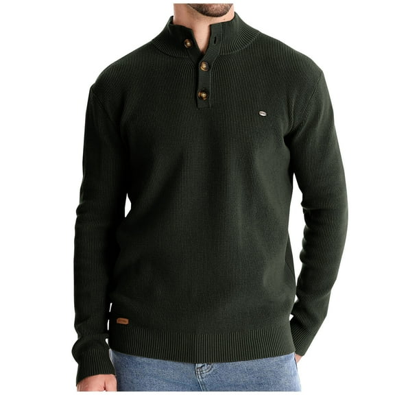 BXINGOHAI Men's Henley Knit Sweater Long Sleeve Button Pullover Sweater Casual Waffle Texture Fashion Stand Up Collar Sweater Army Green,L