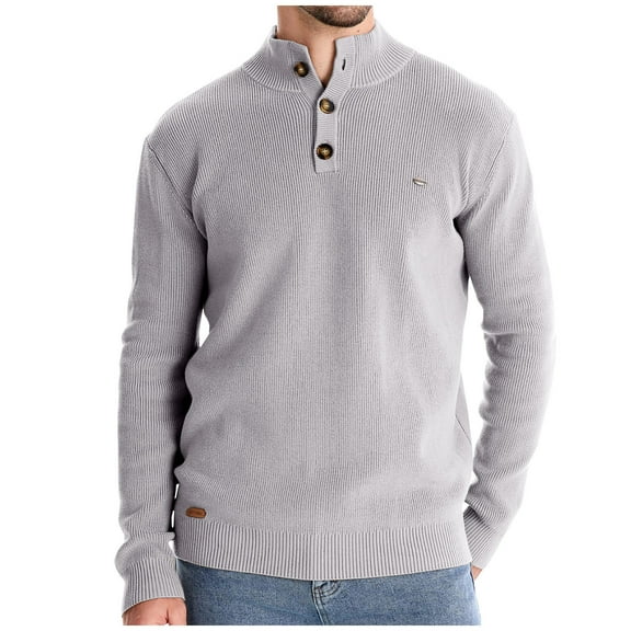 BXINGOHAI Men's Henley Knit Sweater Long Sleeve Button Pullover Sweater Casual Waffle Texture Fashion Stand Up Collar Sweater Gray,L