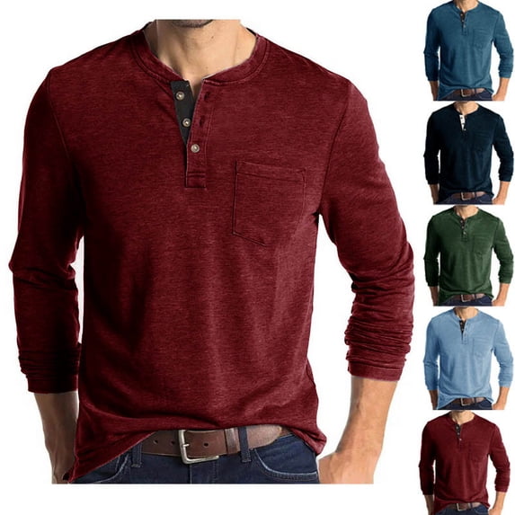 BXINGOHAI Men's Henley Shirts Long Sleeve Casual Classic Tee Cotton Button Henley T-Shirts Dark Blue L