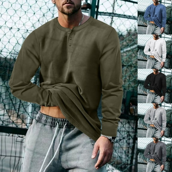 BXINGOHAI Men's Henley Shirts Long Sleeve T-Shirts 3 Button Pocket Tops Lightweight Casual Basic Tee Blue M