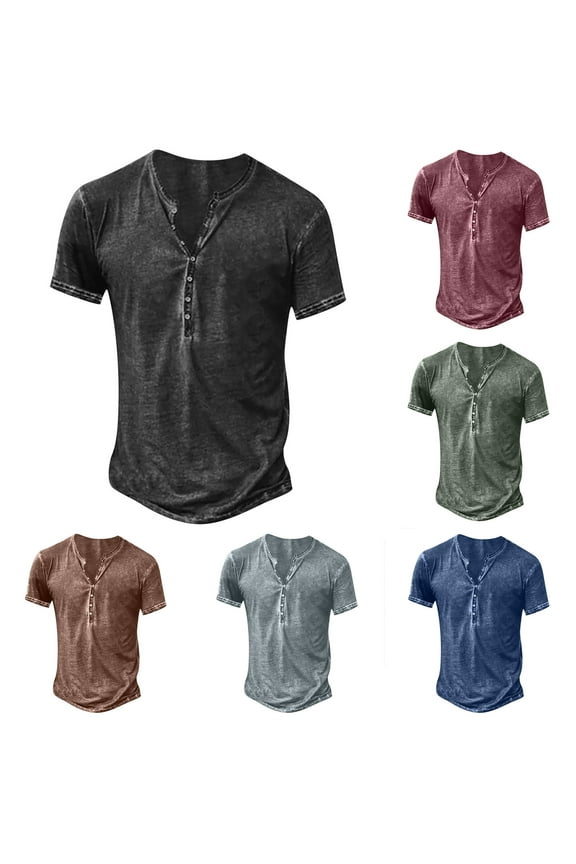 Men's Henley Shirts Short Sleeve Muscle Fit Shirts Vintage Casual Button V Neck T-Shirts for Men Gray,2XL