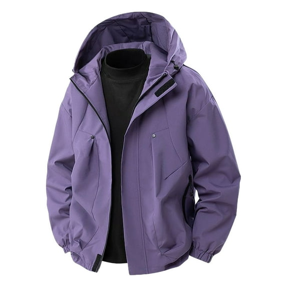 BXINGOHAI Men's Hooded Windproof Rain Jacket Windbreaker 5 Pockets for Hiking,Fishing,Travel Purple M